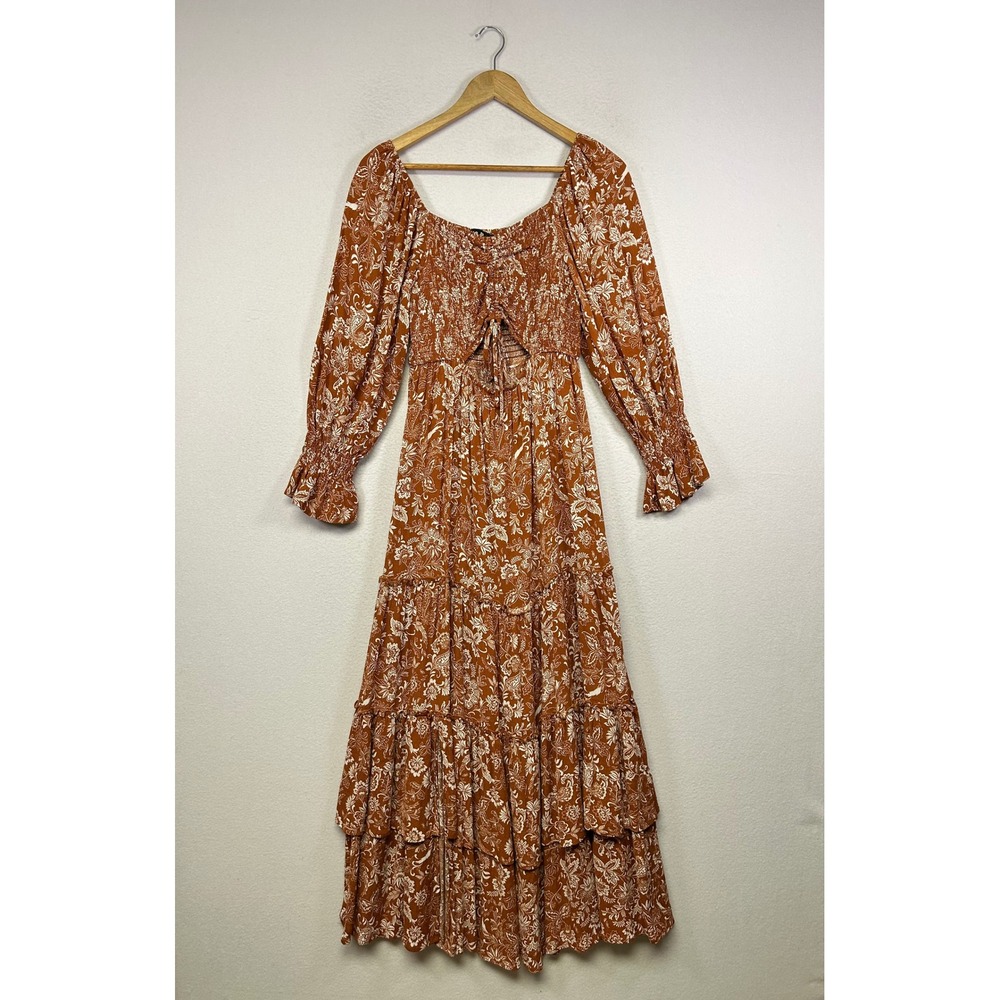 Boho Cottagecore Blue B Collection Women M Rust Orange Floral Smocked Maxi Dress